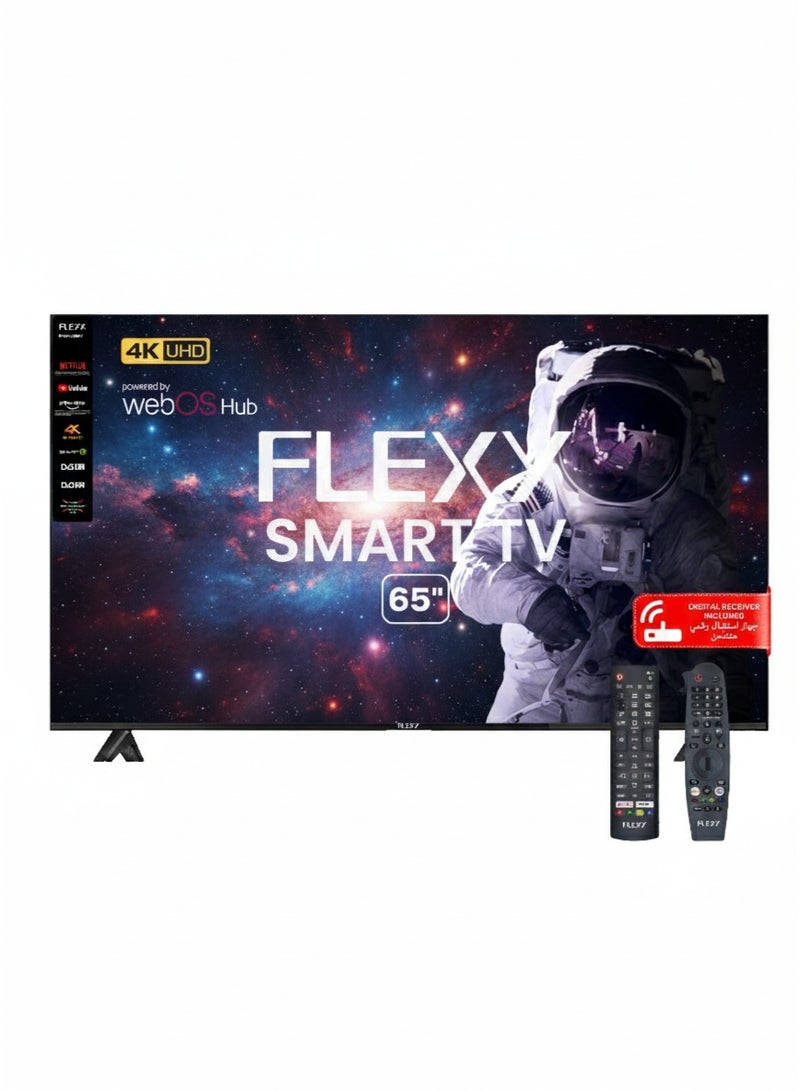 تلفزيون ذكي 65 بوصة 4K UHD webOS DLED، صوت Dolby، واي فاي، بلوتوث، 3 منافذ HDMI، 2 منافذ USB، جهاز استقبال مدمج، AI ThinQ، Netflix، YouTube، Shahid، 2 جهاز تحكم عن بعد، ضمان لمدة عامين.